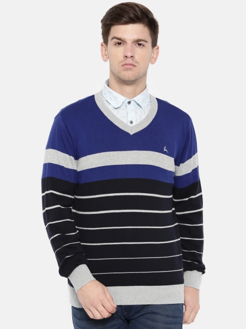 

Parx Men Navy Blue & Grey Striped Pullover