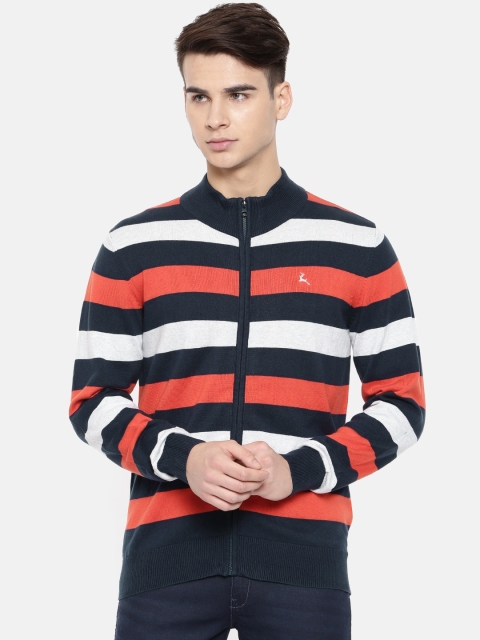 

Parx Men Navy Blue & Grey Striped Front-Open