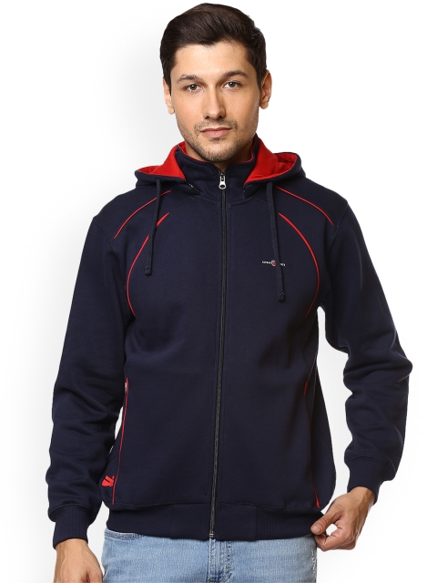 

Cayman Men Navy Blue & Red Solid Hooded Sweatshirt