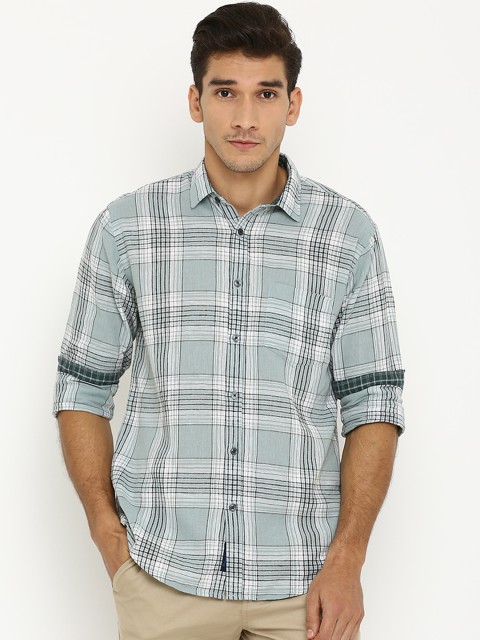 

Linen Club CAVALLO Men Olive Green & White Slim Fit Checked Casual Shirt