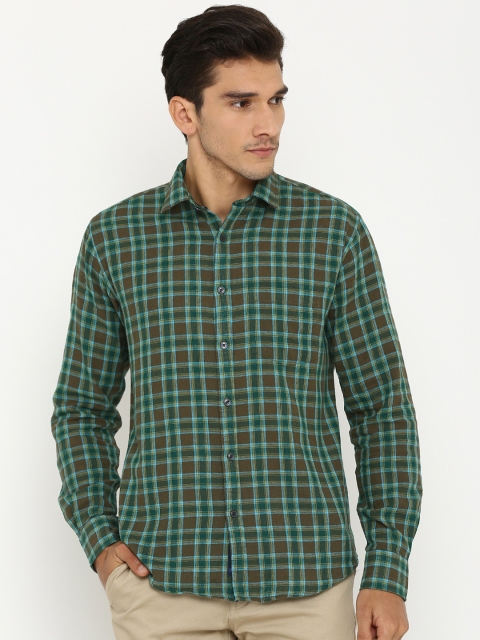 

Linen Club CAVALLO Men Green & Brown Slim Fit Checked Casual Shirt