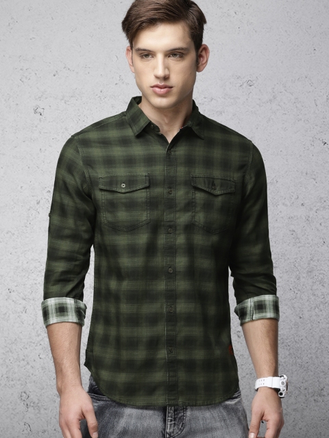 

Ecko Unltd Men Olive Green & Black Slim Fit Checked Casual Shirt