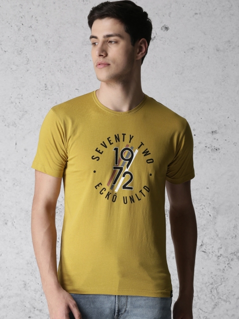 

Ecko Unltd Men Mustard Yellow Printed Round Neck T-shirt