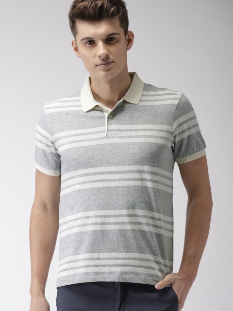 

Arrow Sport Men Grey White Striped Polo Collar Pure Cotton T-shirt