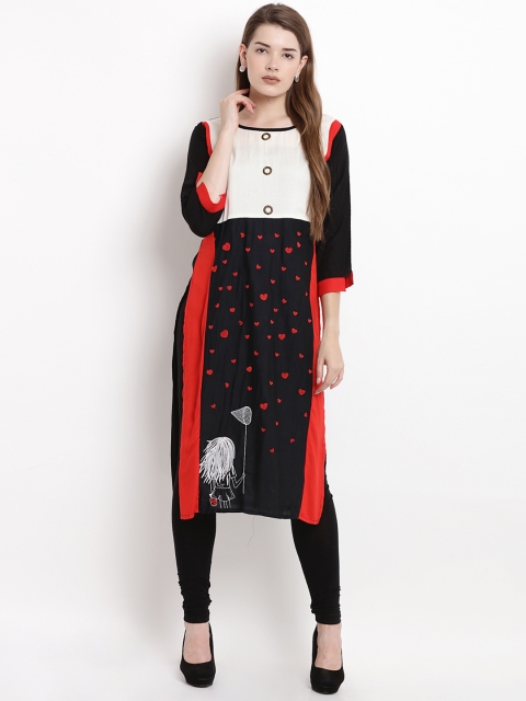 

Yuris Women Black & Red Hearts Printed Straight Kurta