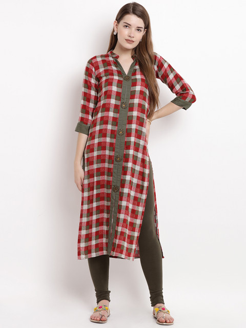 

Yuris Women Red Checked Straight Kurta