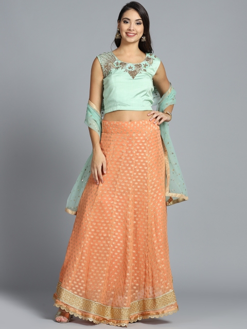 

Chhabra 555 Sea Green & Peach-Coloured Made to Measure Lehenga with Blouse & Dupatta