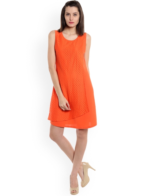 

109F Women Orange Self Design A-Line Dress