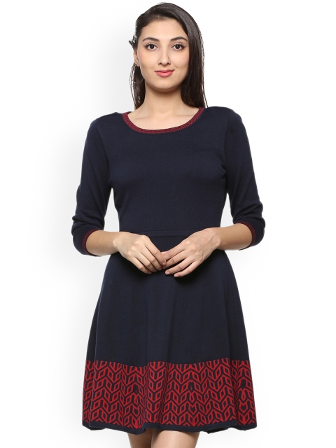 

Allen Solly Woman Navy Blue Solid Jacquard Woven Fit and Flare Dress