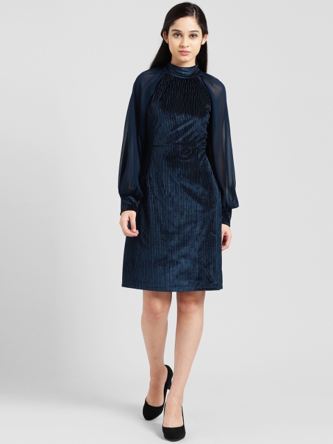

Zink London Women Teal Self Design Fit and Flare Dress