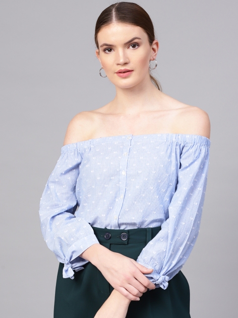 

STREET 9 Women Blue & White Striped Bardot Top