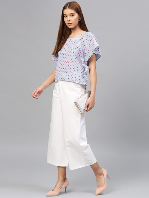

STREET 9 Women Blue & White Striped Self-Design Ruffle Top