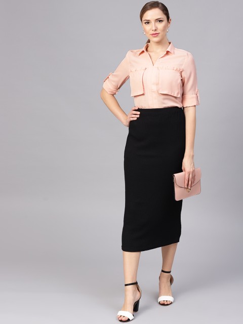

STREET 9 Women Peach-Coloured Frilled Pocket Shirt Style Top
