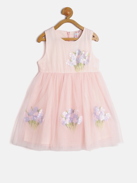 

Kids On Board Girls Peach-Coloured Net Floral Applique Fit & Flare Dress