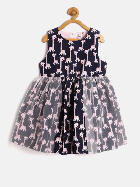 

Kids On Board Girls Navy Blue & Pink Self Design Fit & Flare Dress