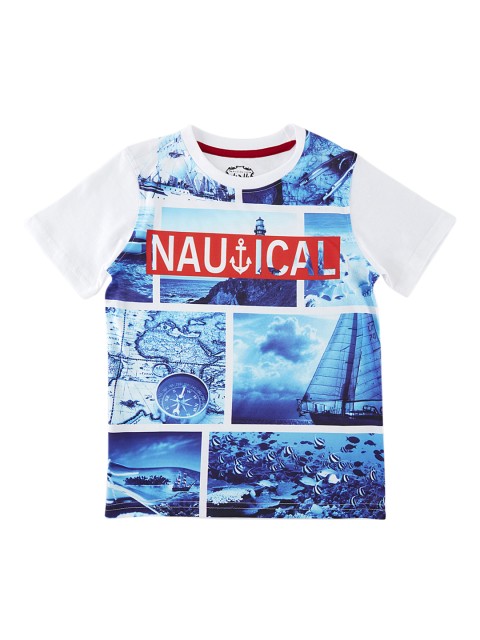 

CHALK by Pantaloons Boys White & Blue Printed Round Neck T-shirt