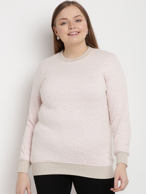 

The Pink Moon Plus Size Women Off-White Pink Self Design Sweatshirt