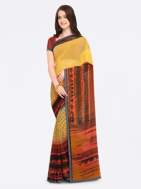 

Shaily Yellow & Orange Pure Georgette Printed Half & Half Saree