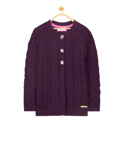 

Cherry Crumble Girls Purple Cable Knit Cardigan