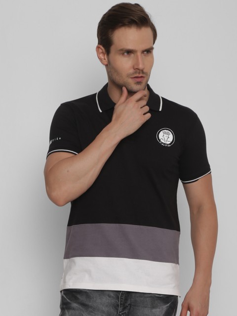 

FIDO DIDO Men Black Striped Polo Collar T-shirt