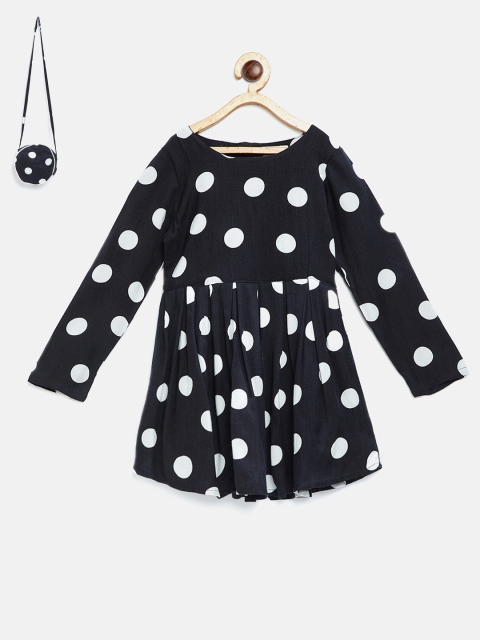 

Bella Moda Girls Black & White Polka Dot Print Fit and Flare Dress With Sling Bag