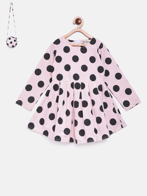 

Bella Moda Girls Pink & Black Polka Dot Print Fit and Flare Dress With Sling Bag