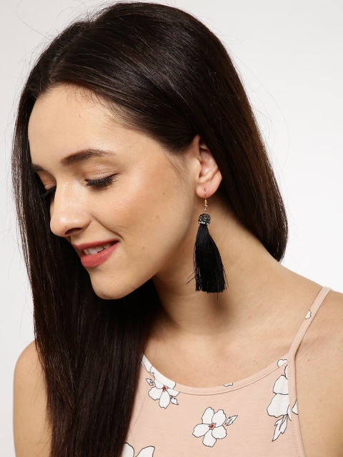 

Ayesha Black Contemporary Rhinestone Studded Ball & Tassel Drop Hook Earrings