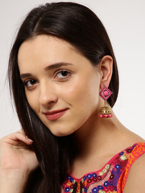 

Ayesha Pink & Blue Beaded Square Stud Gold-Toned Jhumki Drop Earrings