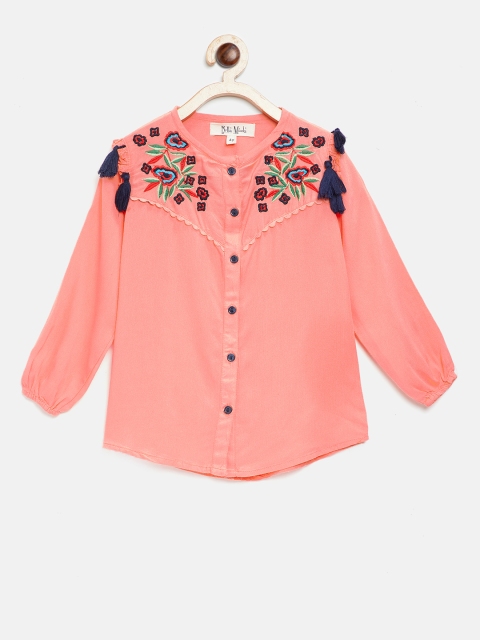 

Bella Moda Girls Peach-Coloured Solid Shirt-Style Pure Cotton Top with Embroidered & Tasselled Detail