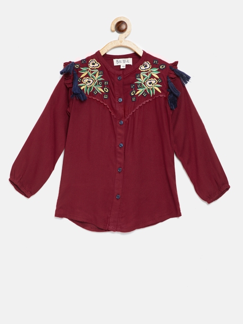 

Bella Moda Girls Maroon Solid Shirt-Style Top with Embroidered & Tasselled Detail