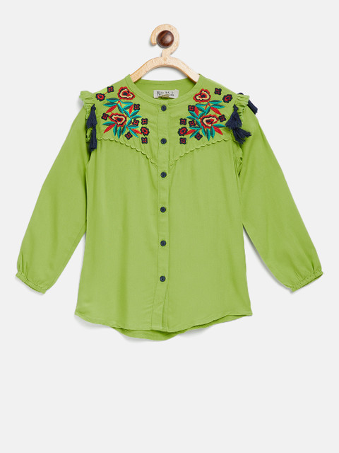 

Bella Moda Girls Green Solid Shirt-Style Top with Embroidered & Tasselled Detail
