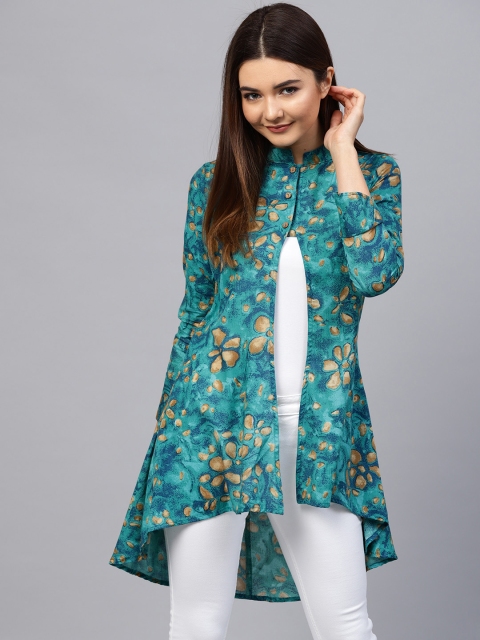 

Athena Turquoise Blue & Mustard Brown Printed Longline Button Shrug