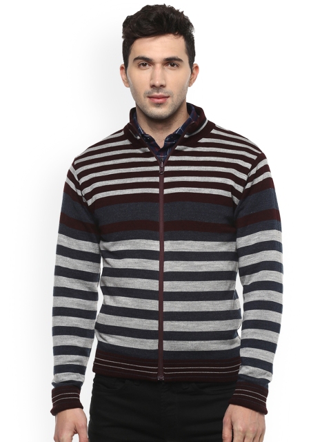 

Peter England Men Maroon & Charcoal Grey Striped Front-Open
