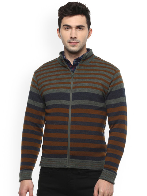 

Peter England Men Olive Green & Navy Blue Self Design Front-Open Sweater