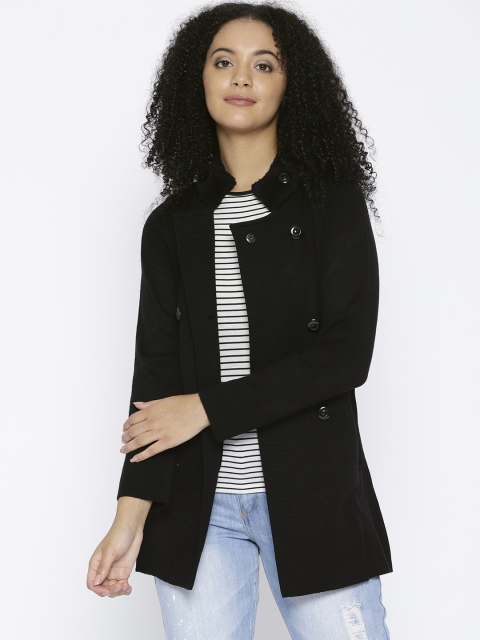 

Cayman Women Black Solid Double-Breasted Overcoat
