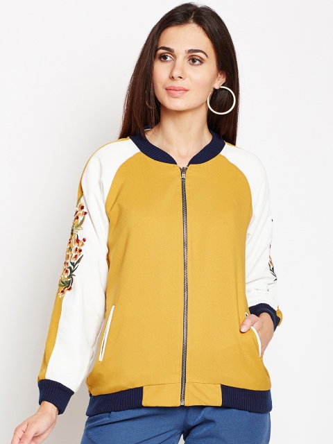 

Taanz Women Mustard Self Design Lightweight Varsity Jacket