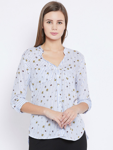 

Ruhaans Women Blue & White Regular Fit Printed Casual Shirt