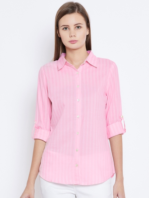 

Ruhaans Women Pink Classic Regular Fit Striped Casual Shirt