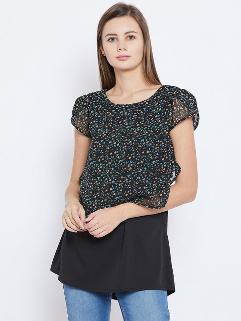 

Ruhaans Women Black Printed Tiered Longline Top