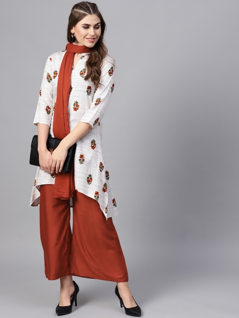 

Yufta Women Off-White & Rust Red Printed Kurta with Palazzos & Dupatta