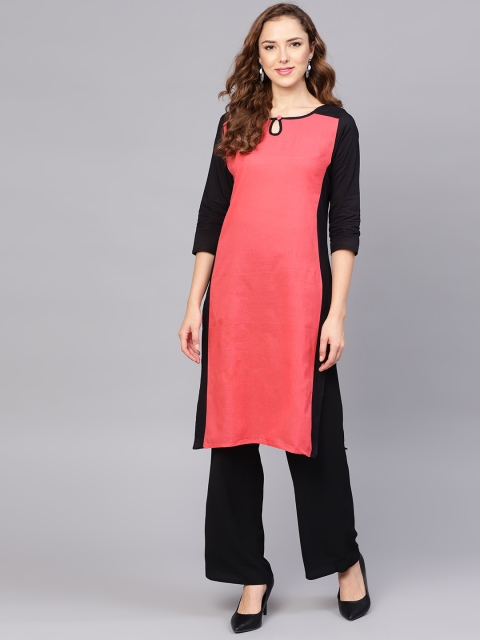 

Yufta Women Coral Pink & Black Colourblocked Straight Kurta