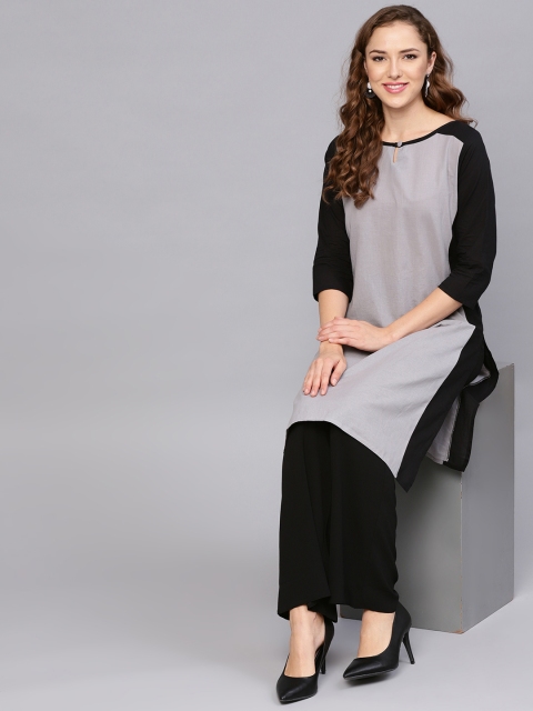 

Yufta Women Grey & Black Colourblocked Straight Kurta