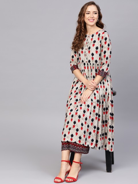 

Yufta Women Grey & Red Printed Kurta with Palazzos