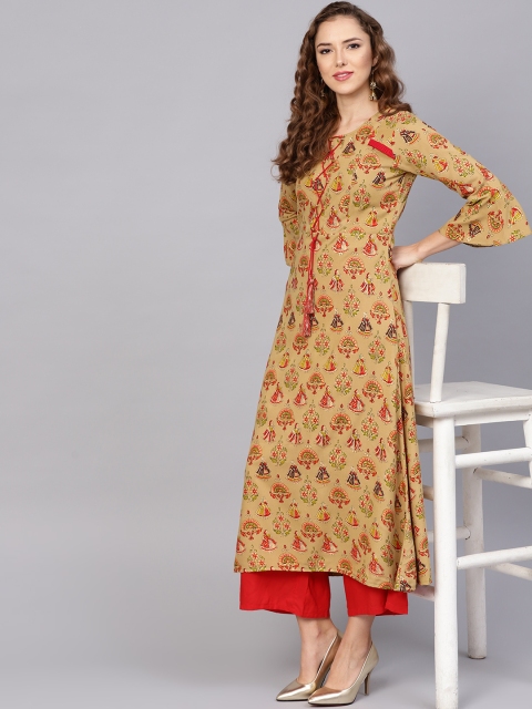 

Yufta Women Beige & Red Quirky Print A-Line Kurta