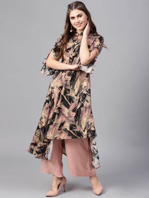 

Yufta Women Beige & Black Printed A-Line Kurta