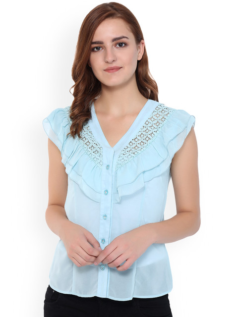 

Purple State Women Blue Self Design Shirt Style Top