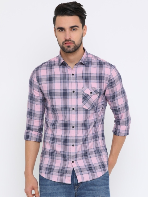 

WITH Men Pink & Blue Slim Fit Checked Casual Shirt