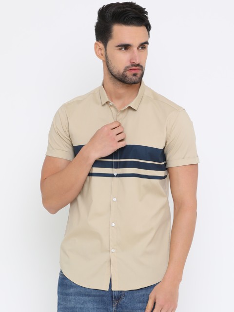 

WITH Men Beige Slim Fit Striped Casual Shirt