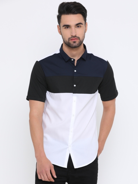 

WITH Men White & Black Slim Fit Colourblocked Casual Shirt