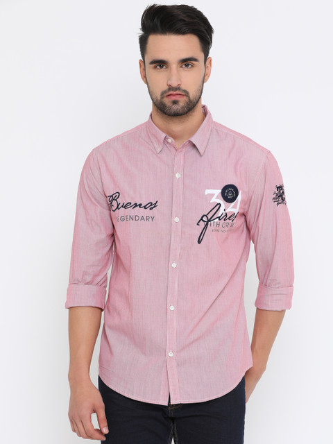 

WITH Men Red & White Slim Fit Striped Casual Shirt